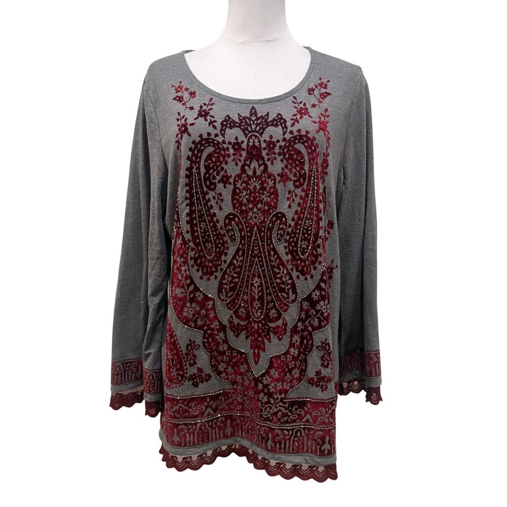 Chicos Gray Burgundy Velvet Paisley Tunic Top Beaded Lace Boho Large Fall Autumn